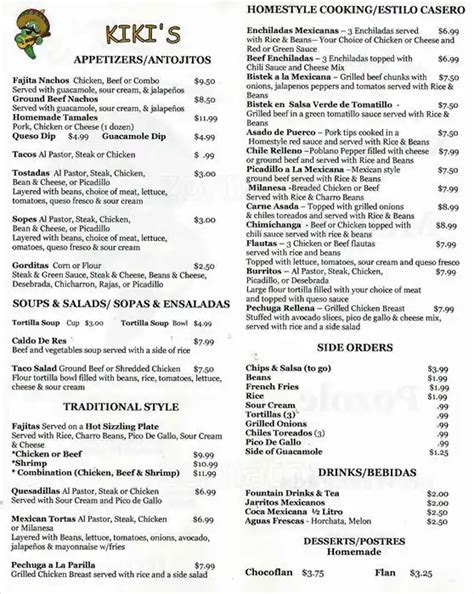 kiki's menu with prices.